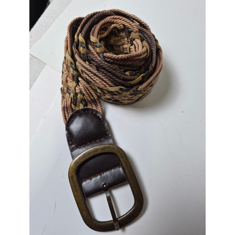 Woven Braided Multi Tone Brown Tan Rope Belt with Brass Buckle Boho 46 Inch